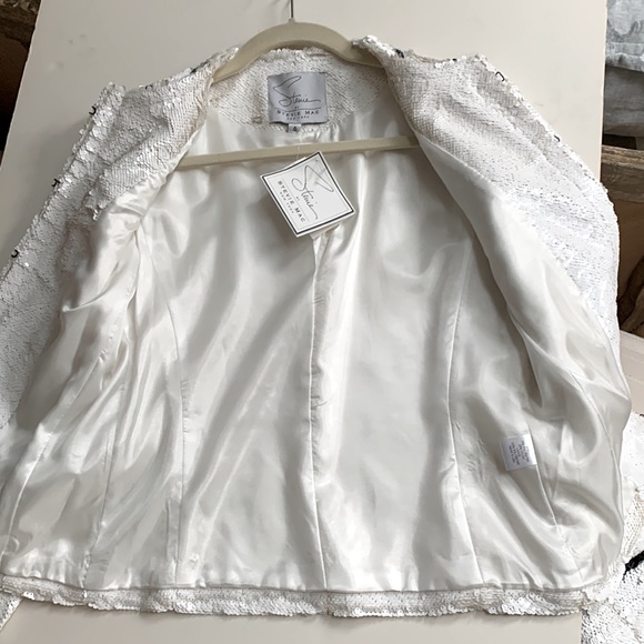 Stevie Mac 🖤🤍NYC Hand Made Couture Like White Sequin Blazer Black Fringe Trim - Picture 10 of 15